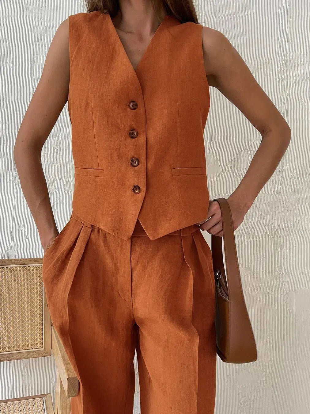 Ensemble Deux Pièces Femme | Gilet & Pantalon Large avec Détail Plissé