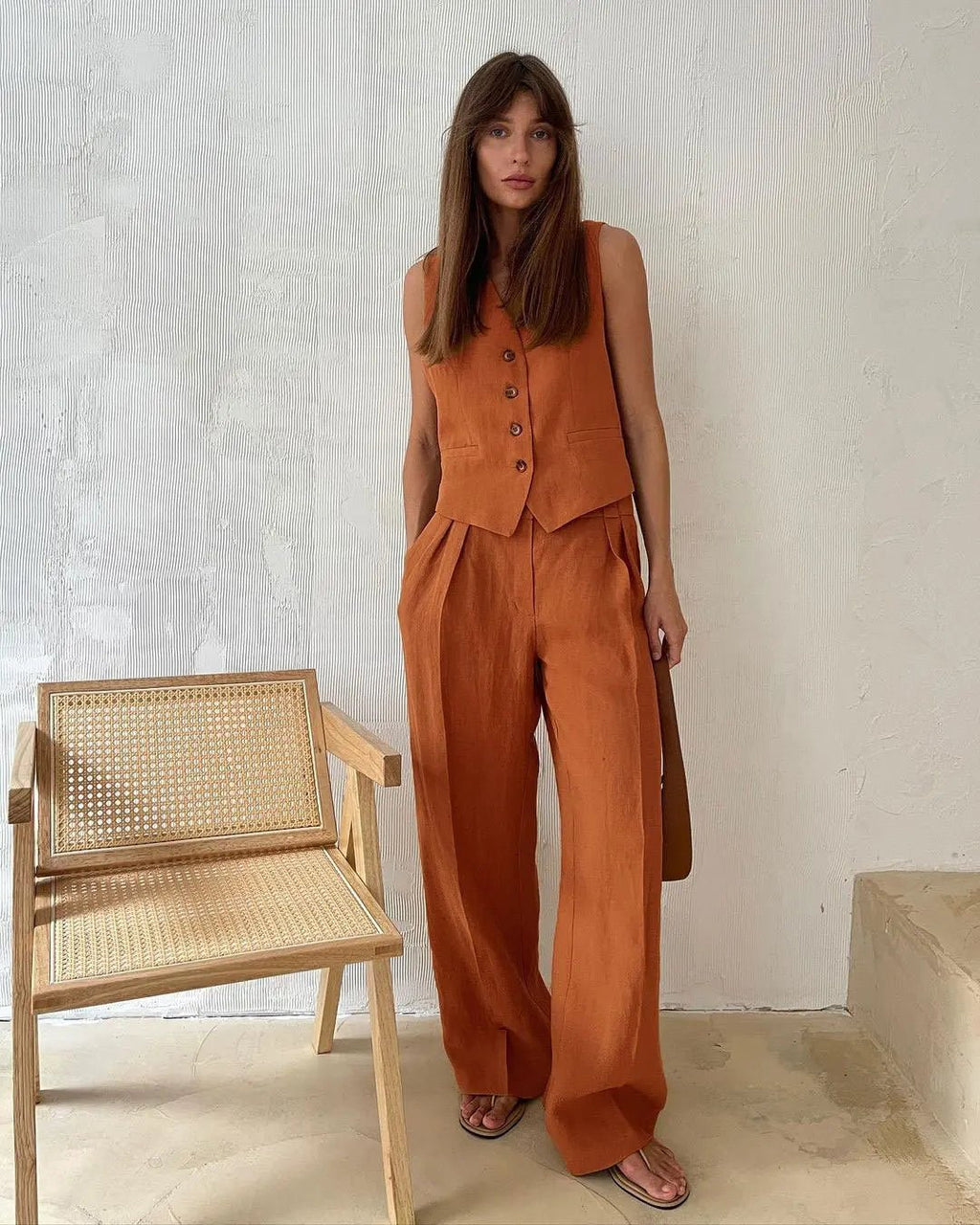 Ensemble Deux Pièces Femme | Gilet & Pantalon Large avec Détail Plissé