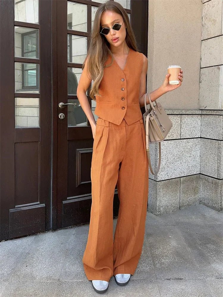 Ensemble Deux Pièces Femme | Gilet & Pantalon Large avec Détail Plissé