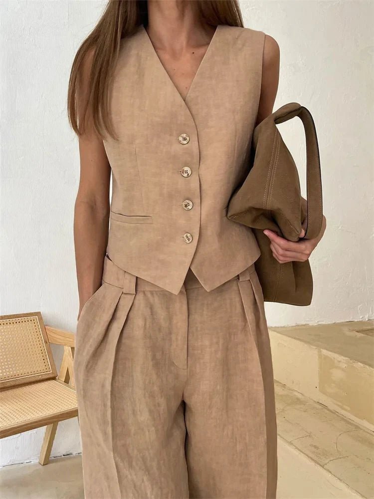 Ensemble Deux Pièces Femme | Gilet & Pantalon Large avec Détail Plissé