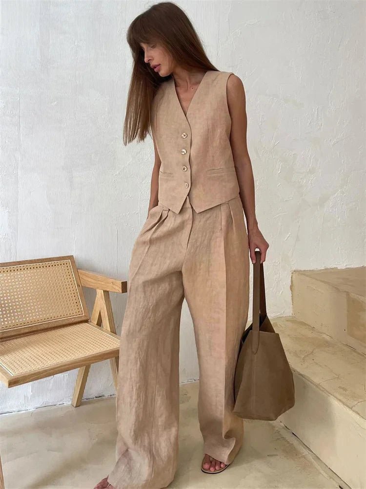 Ensemble Deux Pièces Femme | Gilet & Pantalon Large avec Détail Plissé