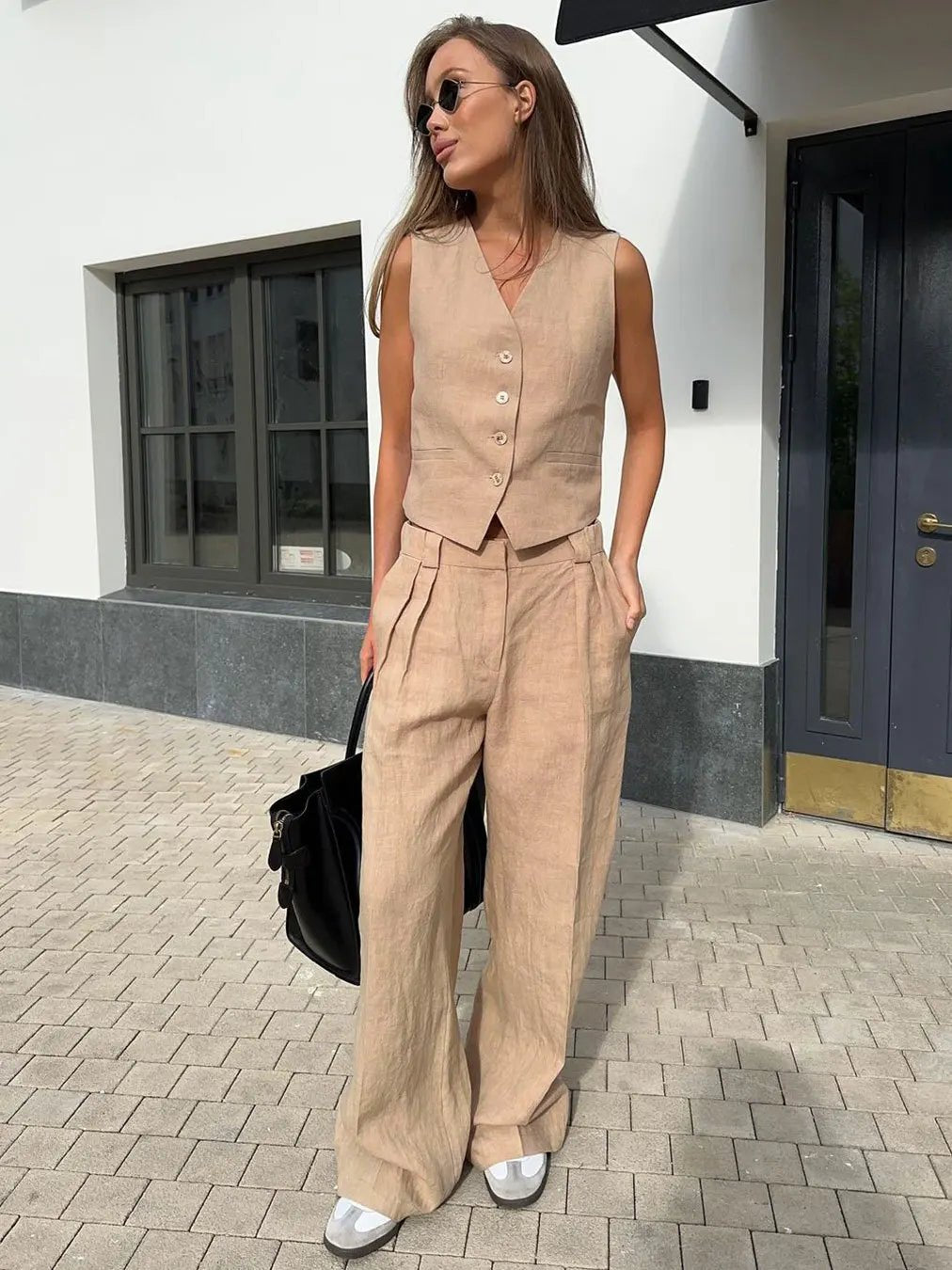 Ensemble Deux Pièces Femme | Gilet & Pantalon Large avec Détail Plissé