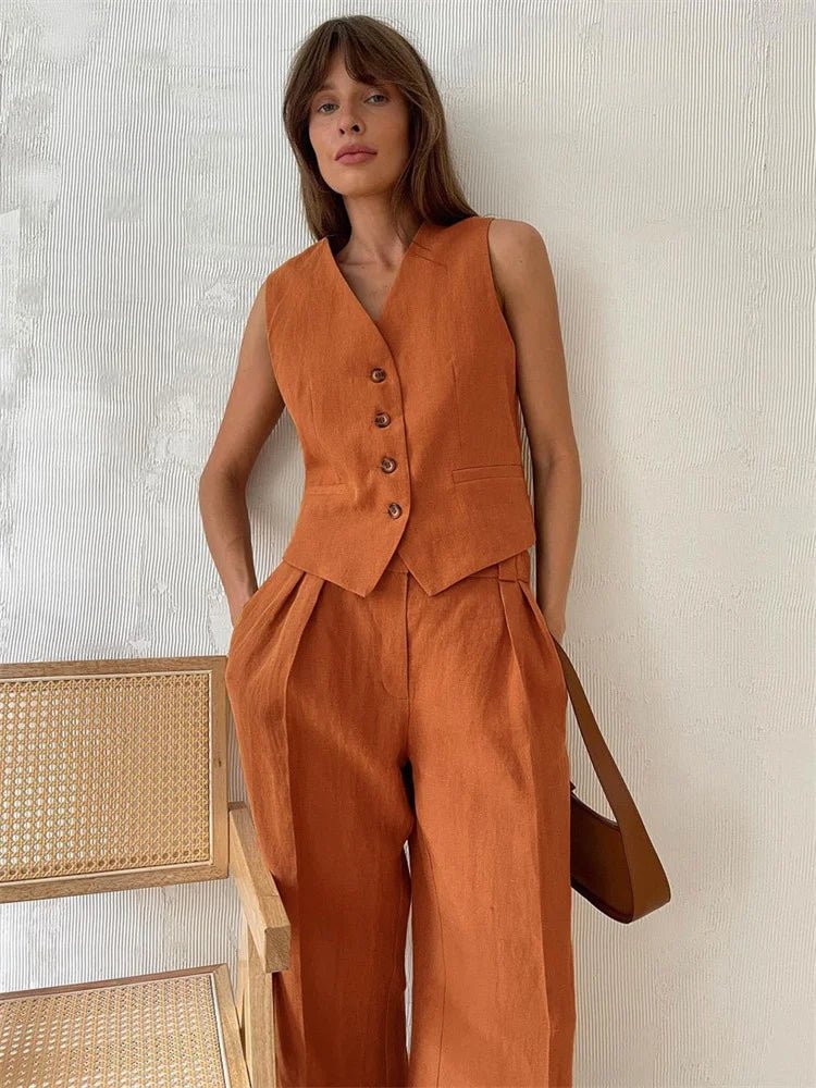Ensemble Deux Pièces Femme | Gilet & Pantalon Large avec Détail Plissé