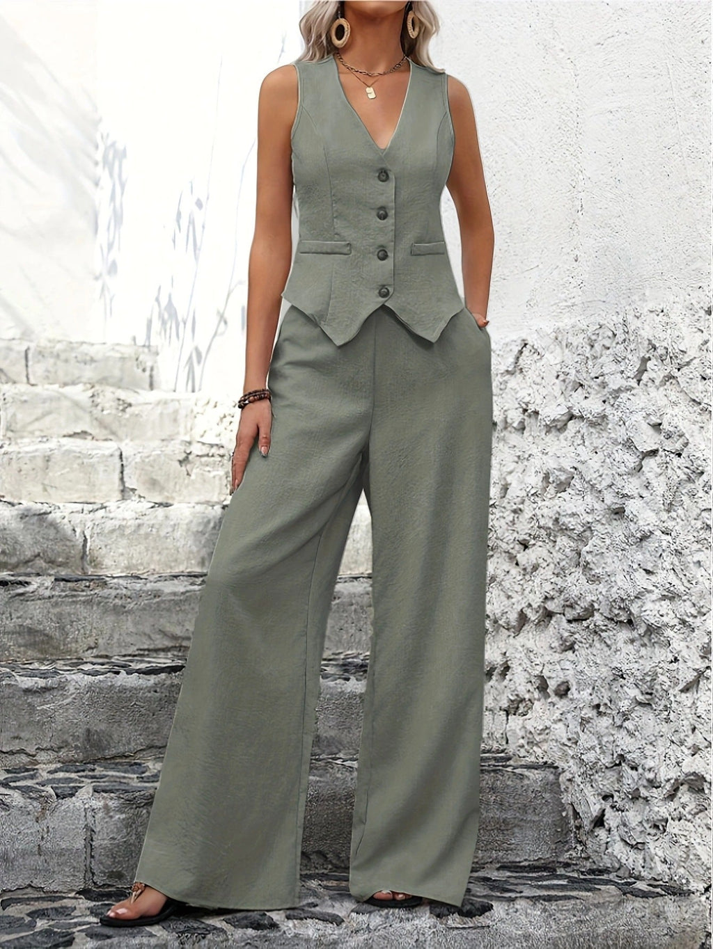 Ensemble Deux Pièces Femme | Gilet avec Décolleté en V & Pantalon Large avec Tombé Élégant
