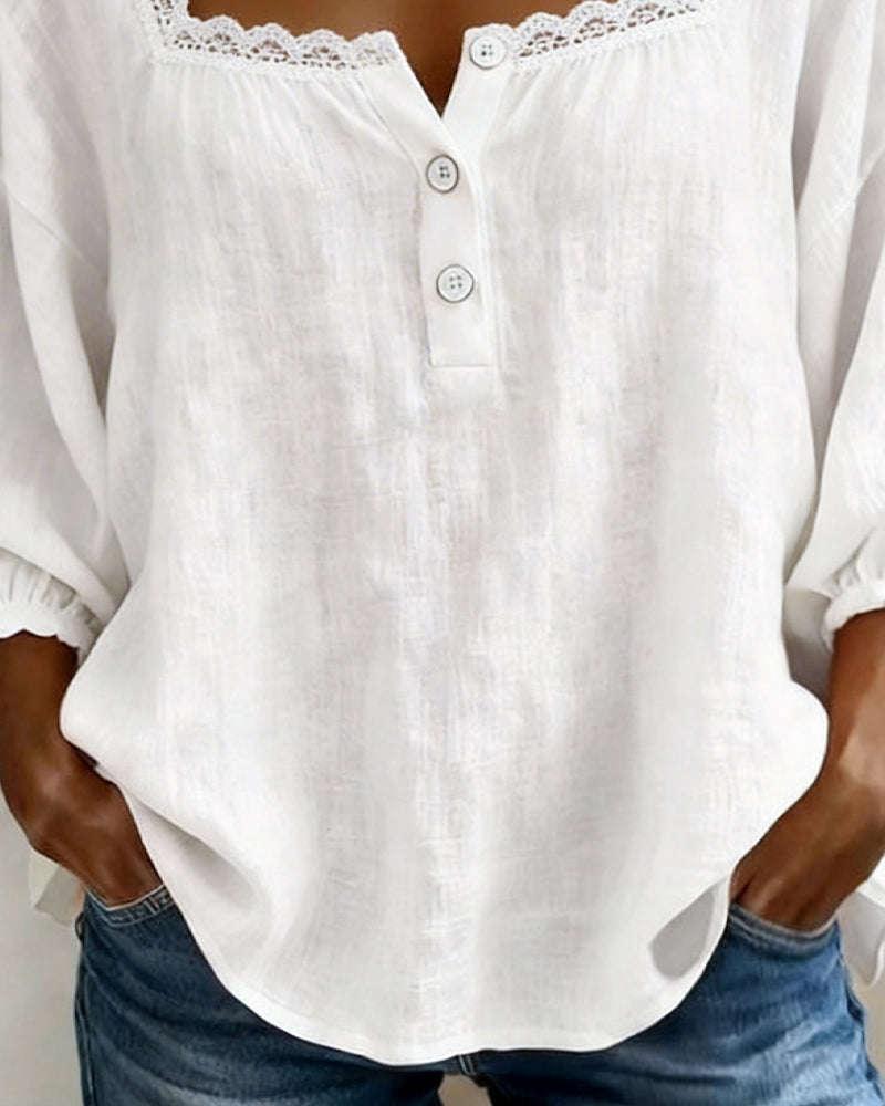Blouse en Dentelle à Manches Bouffantes avec Encolure Carrée