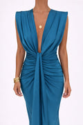Robe Longue en Polyester et Spandex avec Décolleté en V Profond et Détails Froncés