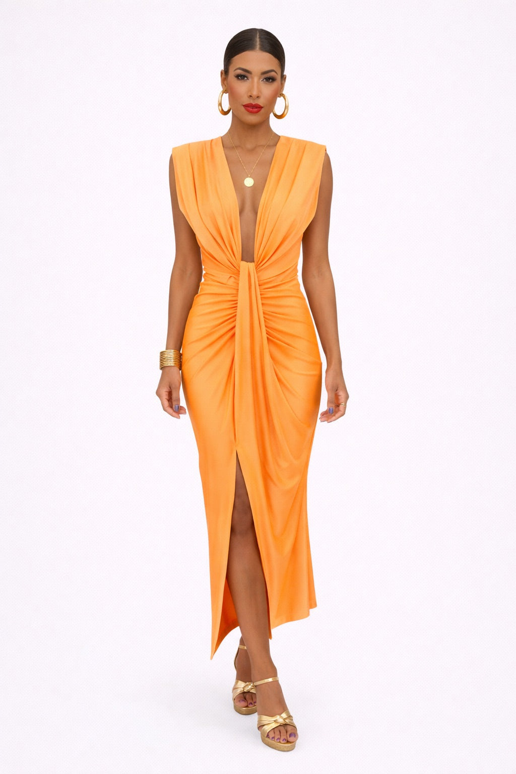 Robe Longue en Polyester et Spandex avec Décolleté en V Profond et Détails Froncés