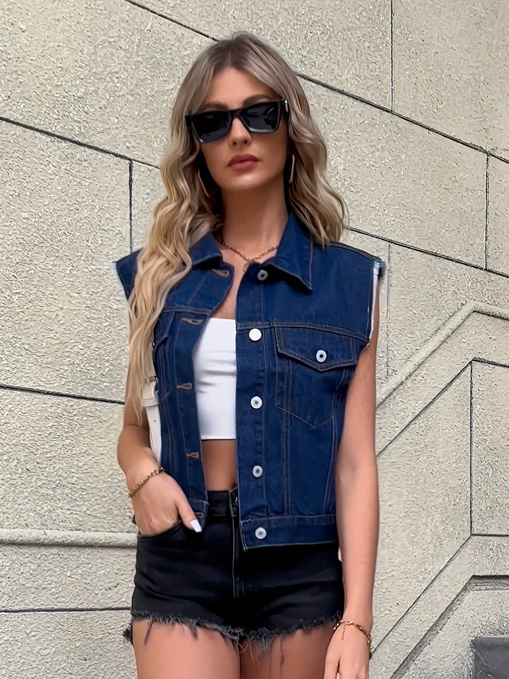 Veste en jean sans manches avec poches plaquées