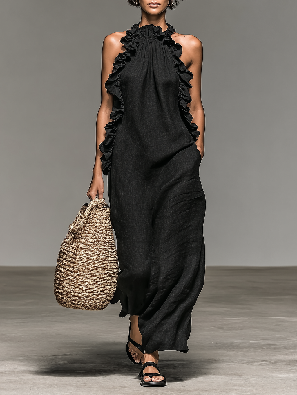Alebia | Robe maxi sans manches en mélange de lin avec volants