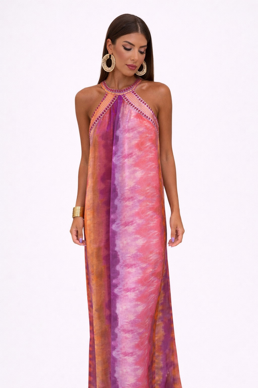 Robe en Gaze de Style Boho avec Paillettes et Col Halter pour Femme