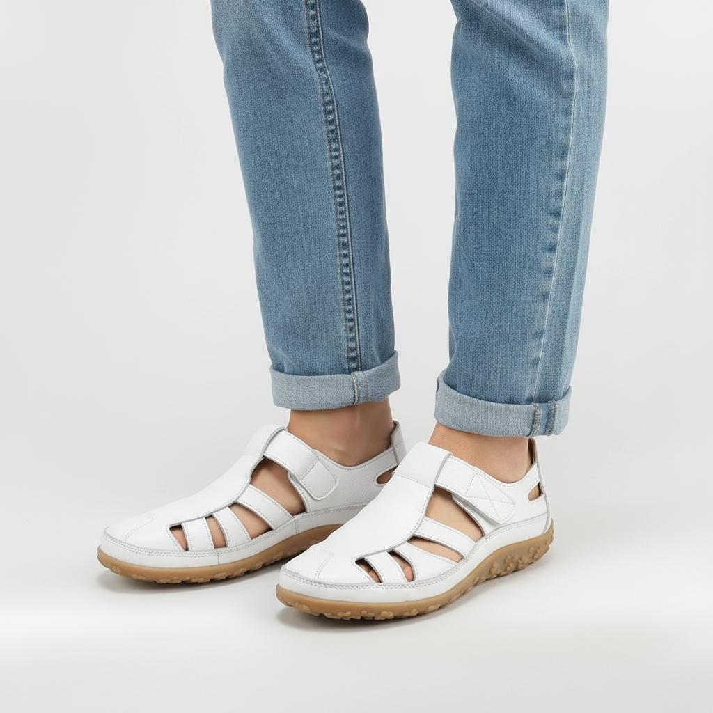 Sandales Fermées pour Femme Chaussures en Cuir avec Bandes et Semelle Très Confortable