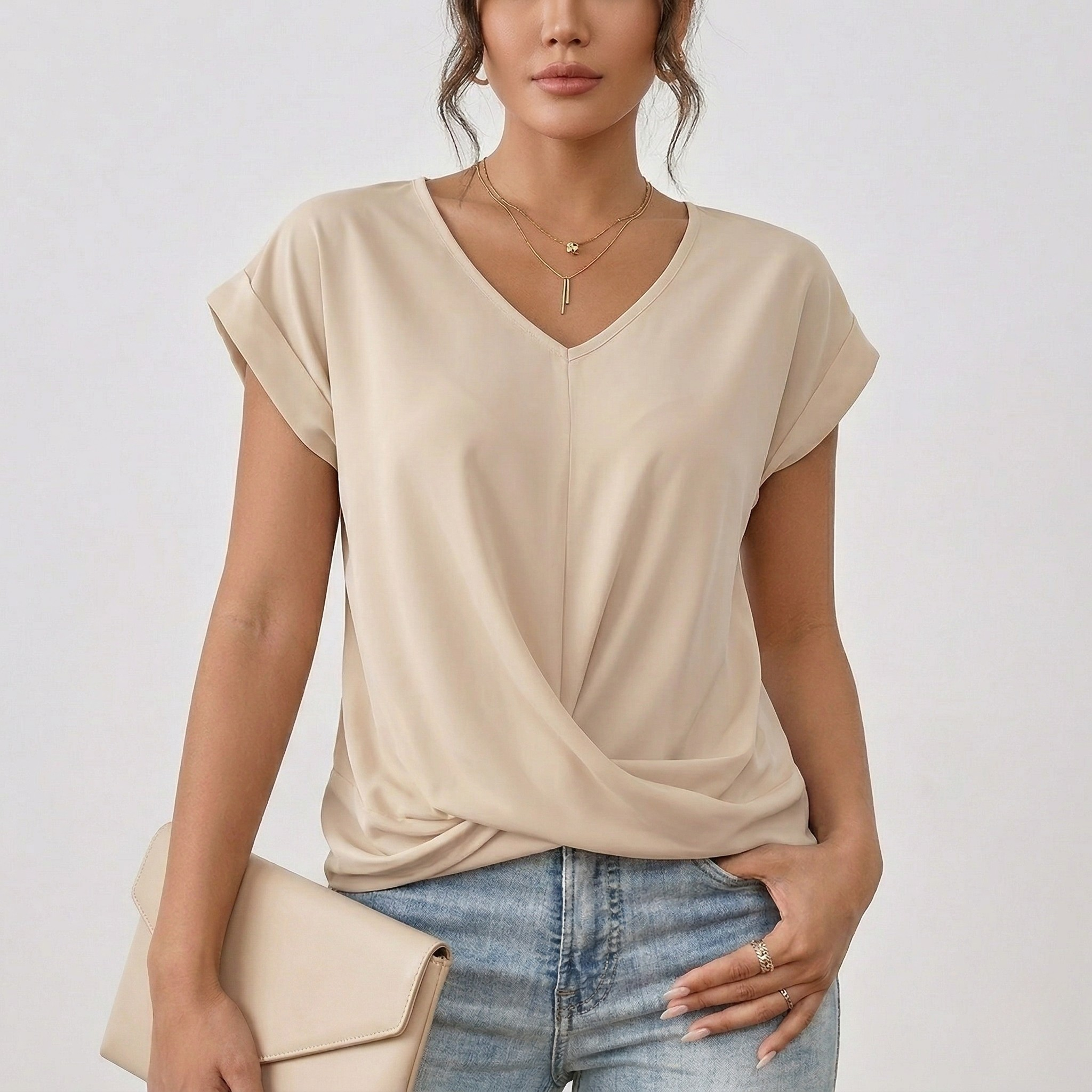 T Shirt Femme Col V Détail Croisé Style Décontracté Quotidien