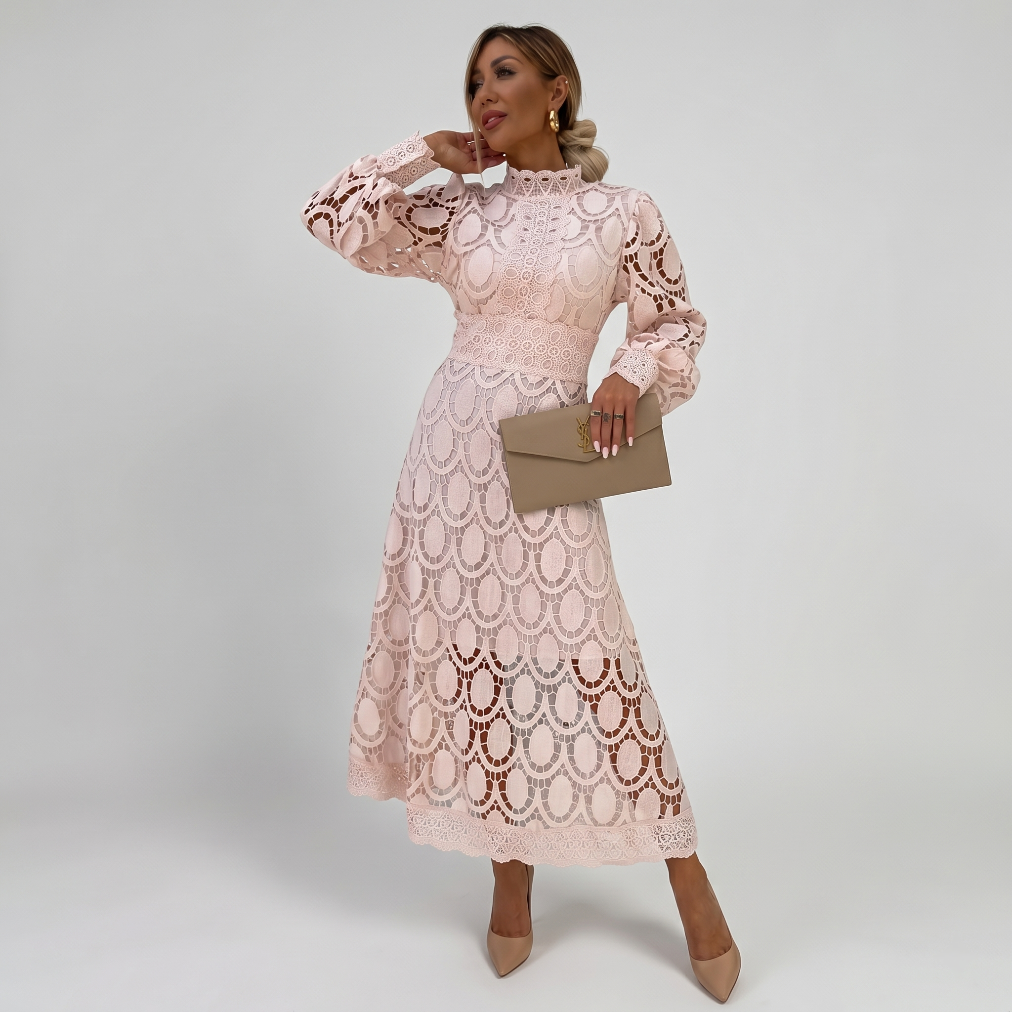 Robe Midi Femme Dentelle Robe Élégante Manches Longues Habillée