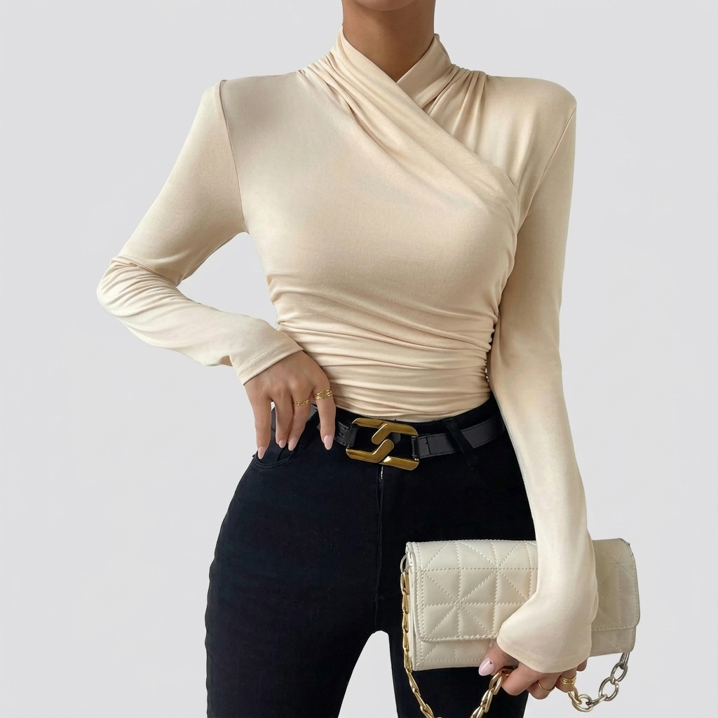 Top Femme Croisé Manches Longues Blouse Élégante Froncée Ajustée