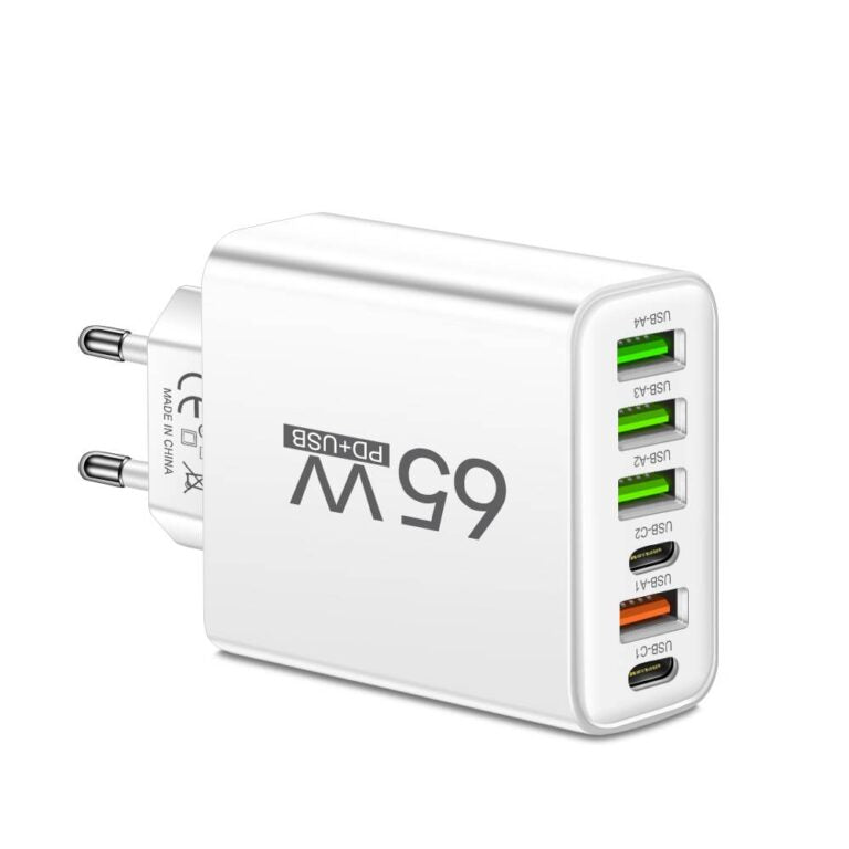 PowerMax 65W Chargeur Rapide 6-en-1 – Charge Jusqu'à 6 Appareils Simultanément – Idéal Pour la Maison, le Bureau et les Voyages