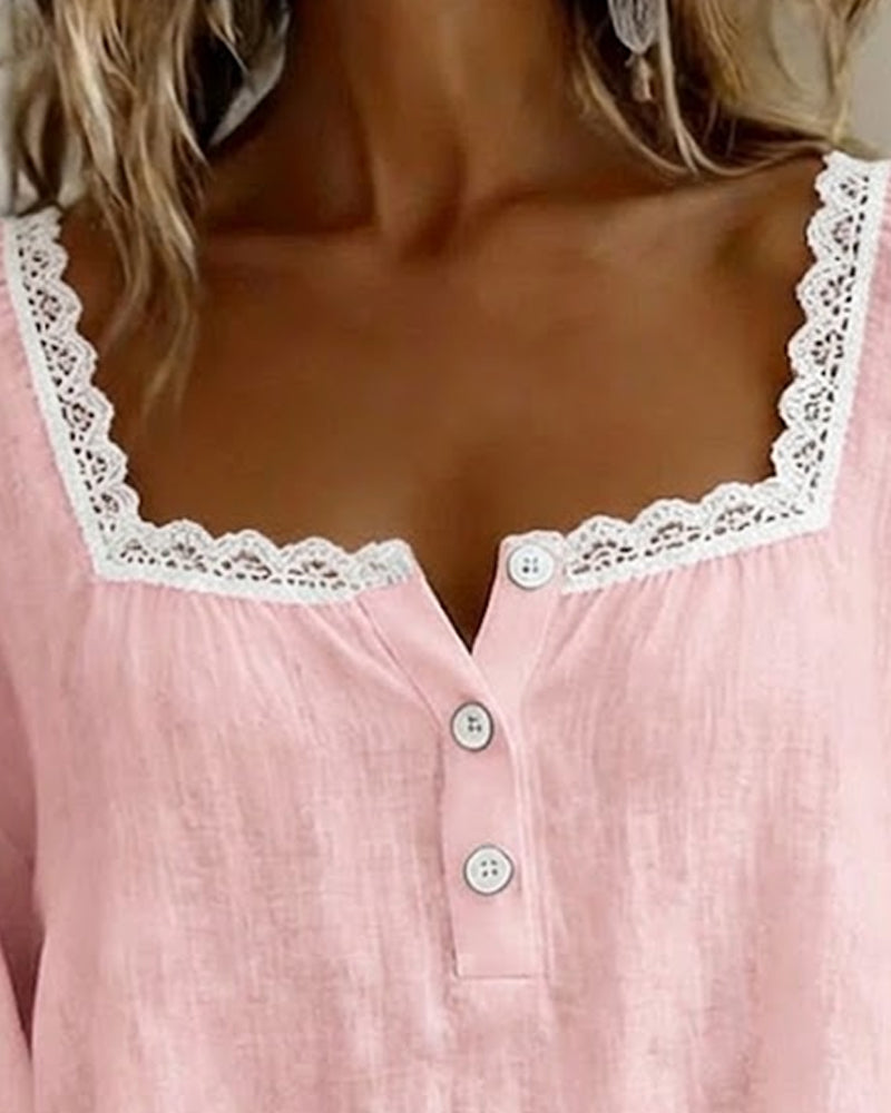 Blouse en Dentelle à Manches Bouffantes avec Encolure Carrée