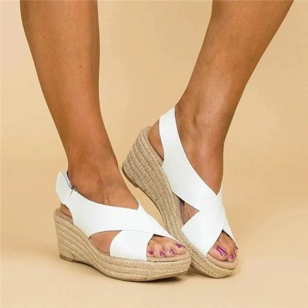 Sandales en Cuir à Talon Wedge Type Espadrille avec Bandes Croisées pour Femme