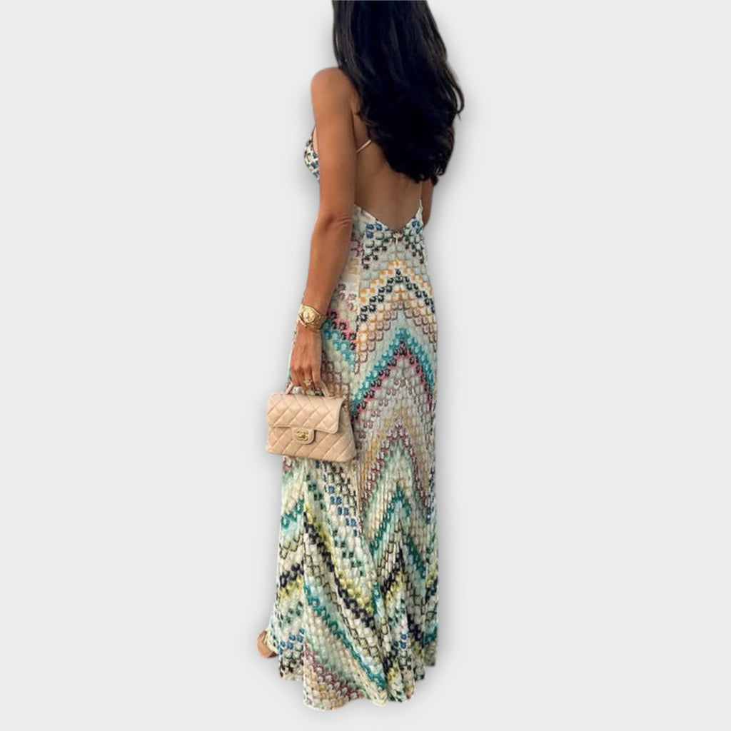 Robe Longue en Tricot avec Imprimé Zigzag et Décolleté en V Profond