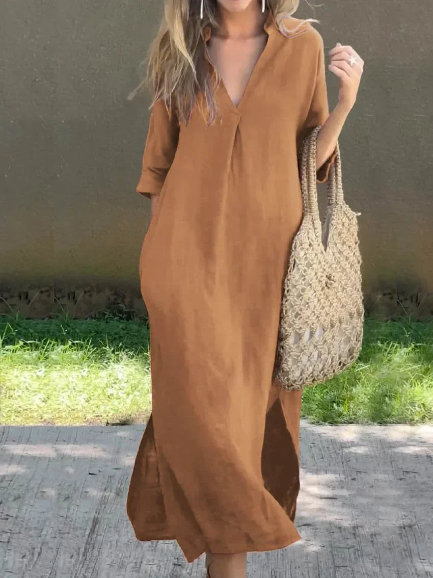 Robe femme unie avec décolleté en V, poche et décolleté en V