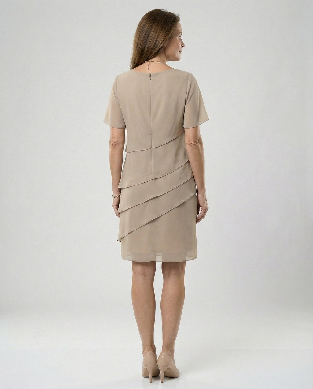 Robe en Gaze à Coupe en Couches avec Col Ronde et Manches Courtes pour Femme
