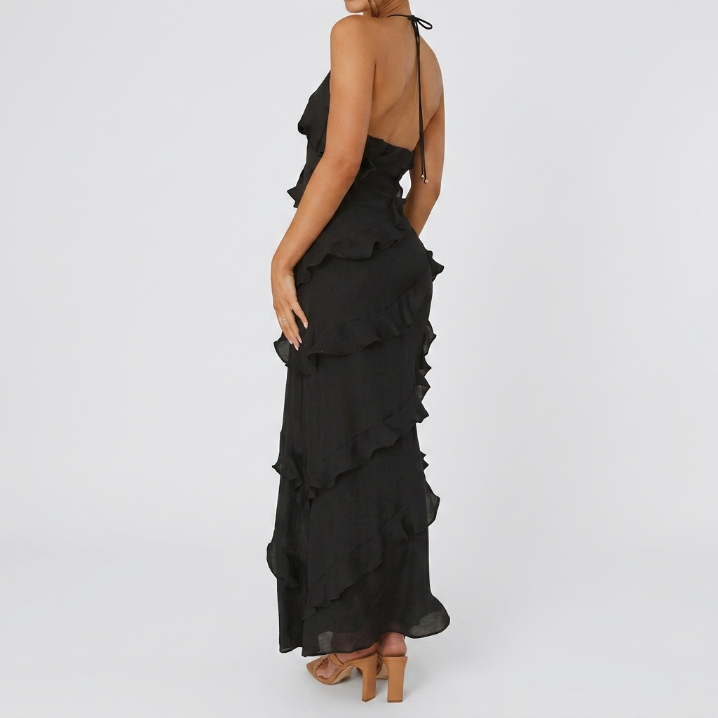 Robe Maxi Femme à Volants Robe Fluide Élégante Sans Manches