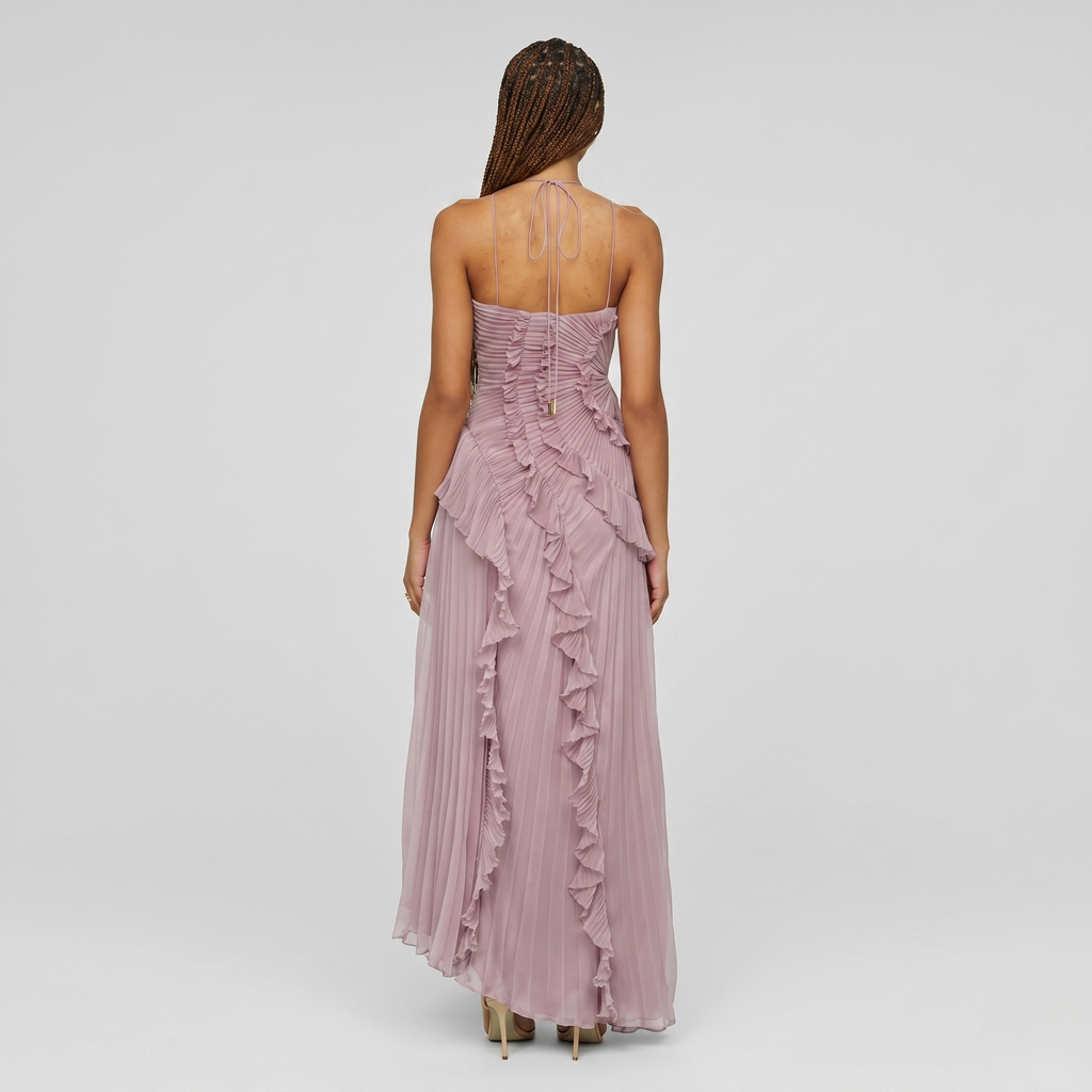 Robe Maxi Dos Nu Femme Col Halter Sans Manches Volants Élégante Robe Invitée Mariage Été