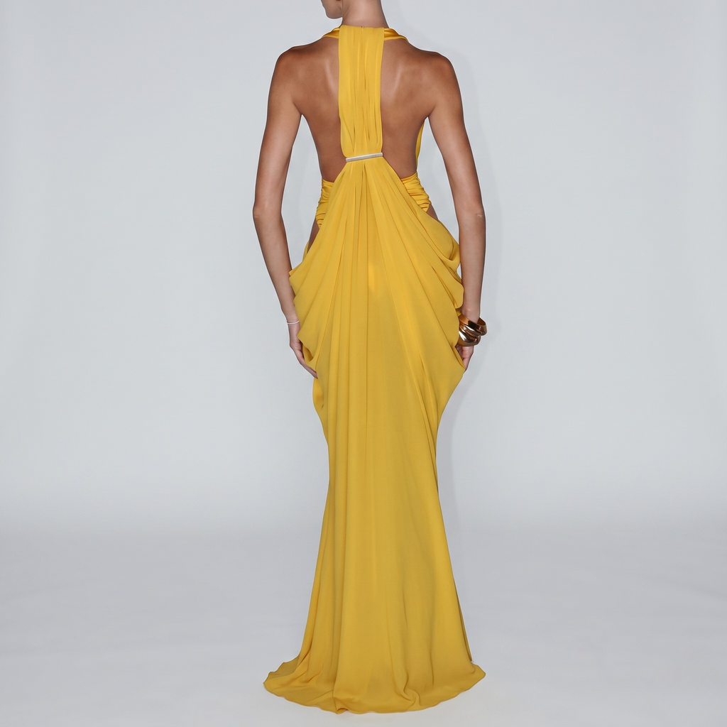 Robe Maxi Femme Col Halter Sans Manches Détail Mesh Élégante Soirée