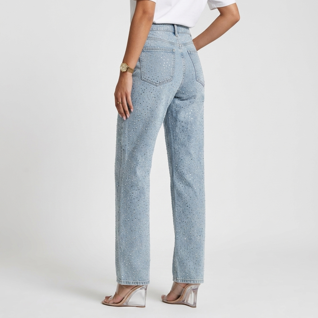 Jean Femme Pailleté Jambe Large Taille Haute Pantalon Denim Tendance
