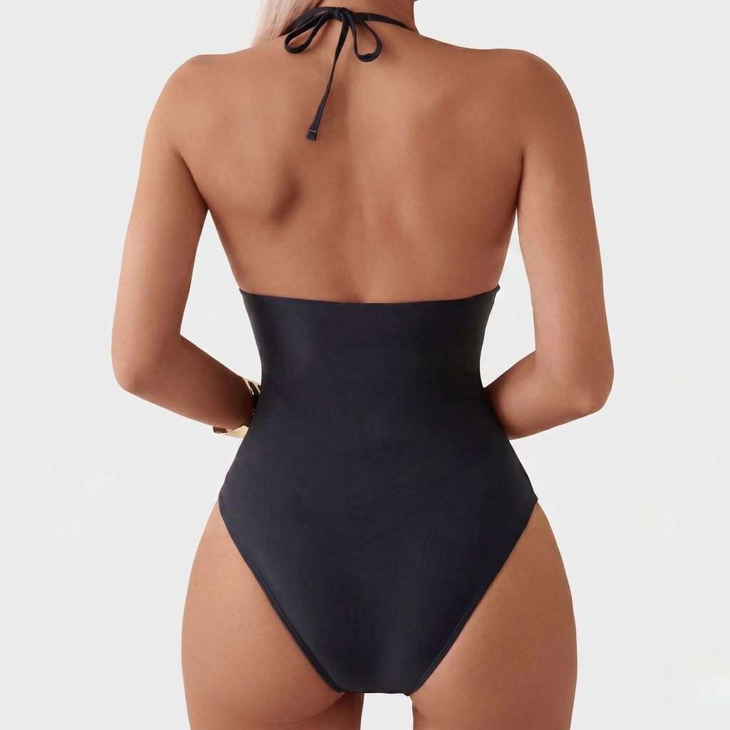 Maillot de Bain Une Pièce Femme avec Maille Col Halter Dos Nu