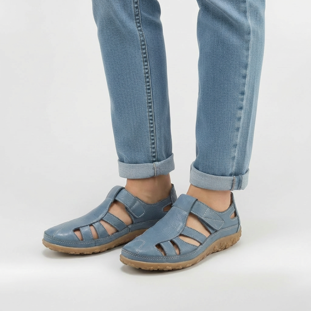 Sandales Fermées pour Femme Chaussures en Cuir avec Bandes et Semelle Très Confortable