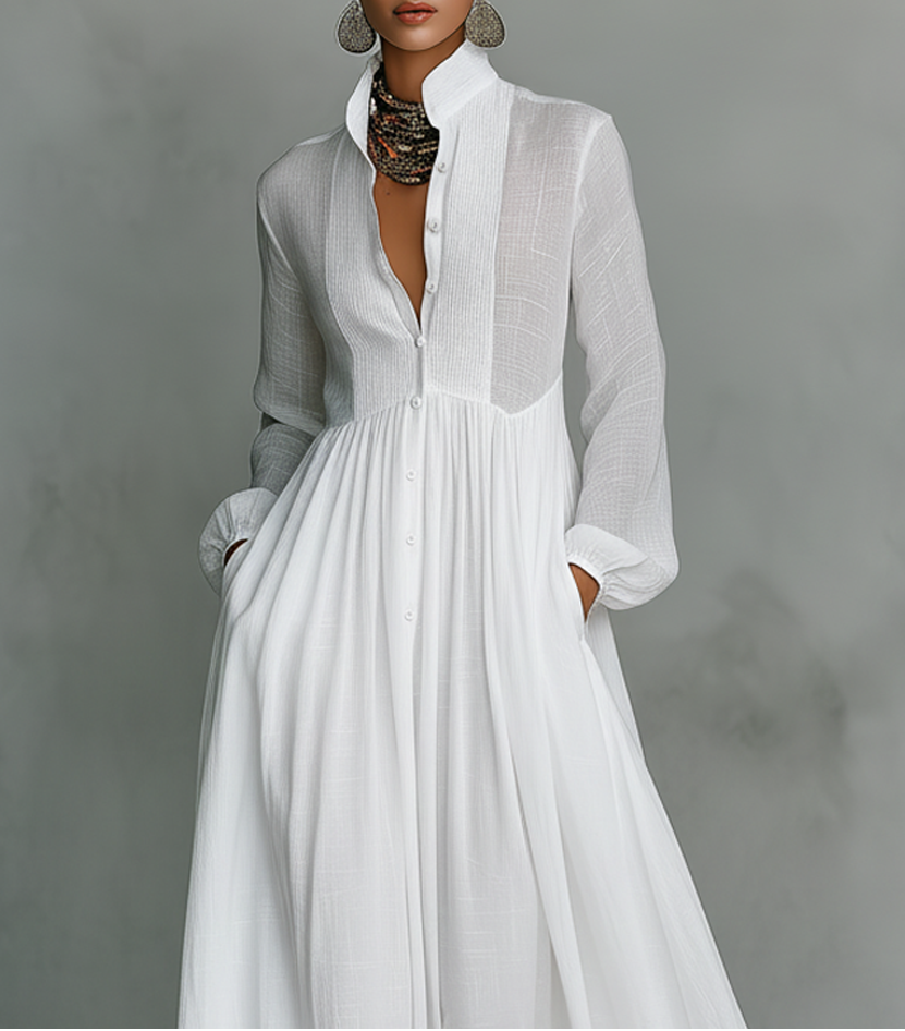 Elisa | Robe maxi en coton et lin avec patchwork, col montant et manches longues - Style minimaliste
