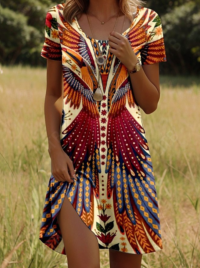 Kara | Robe tendance avec col rond et accents floraux indiens