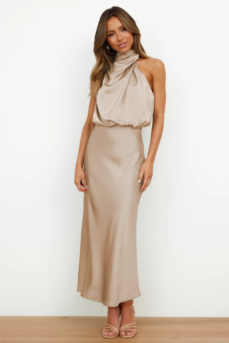 Robe de Soirée Longue en Satin Sans Manches avec Col Montant pour Femme