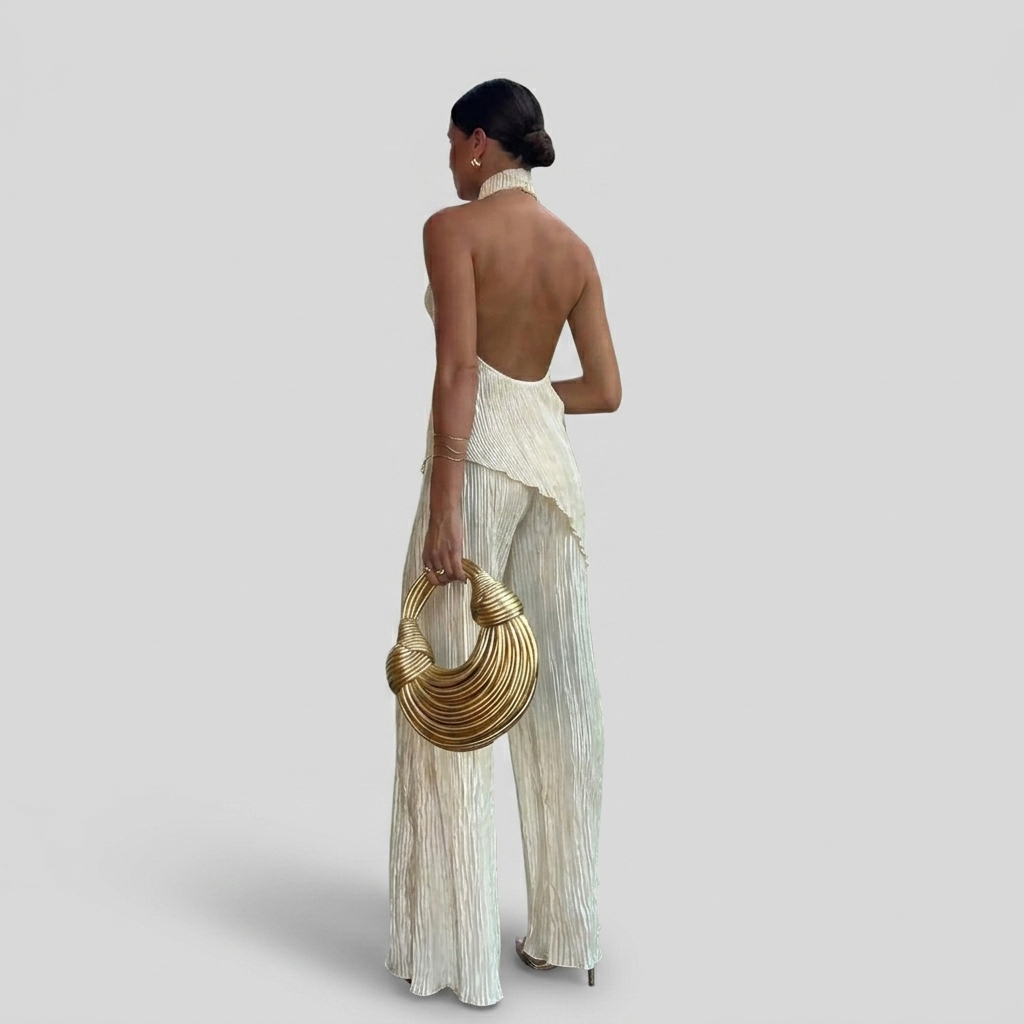 Ensemble Femme Plissé Deux Pièces Haut Halter et Pantalon Large