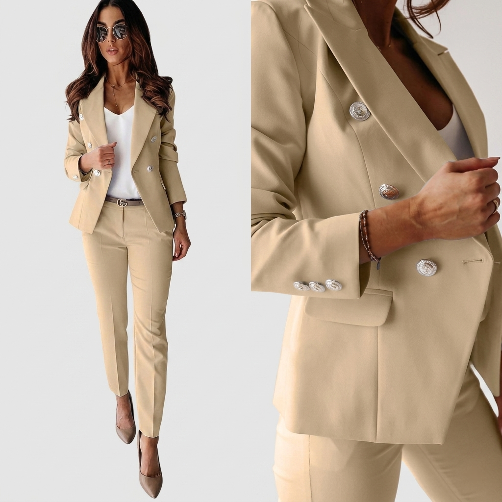 Tailleur Femme Élégant Ensemble Blazer Croisé et Pantalon Ajusté
