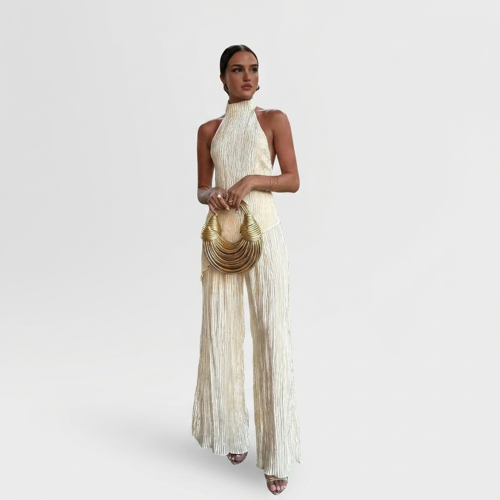 Ensemble Femme Plissé Deux Pièces Haut Halter et Pantalon Large