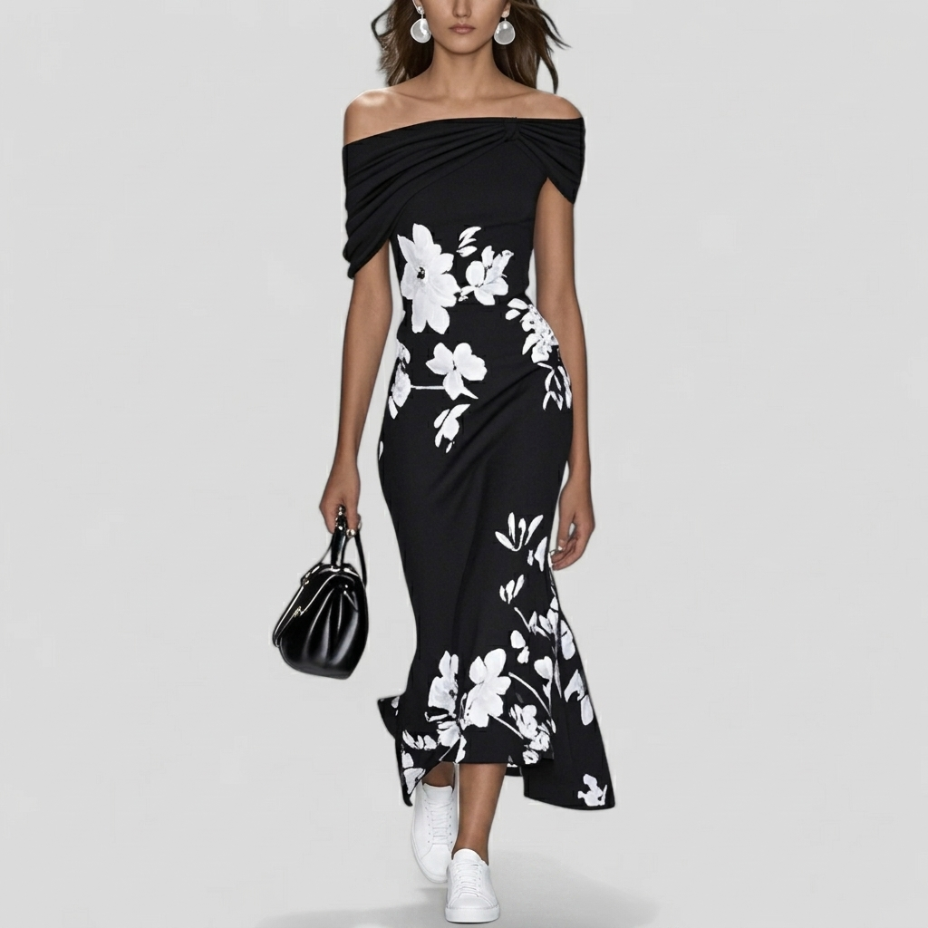 Robe Midi Élégante Femme Robe Fleurie Épaules Dénudées Été