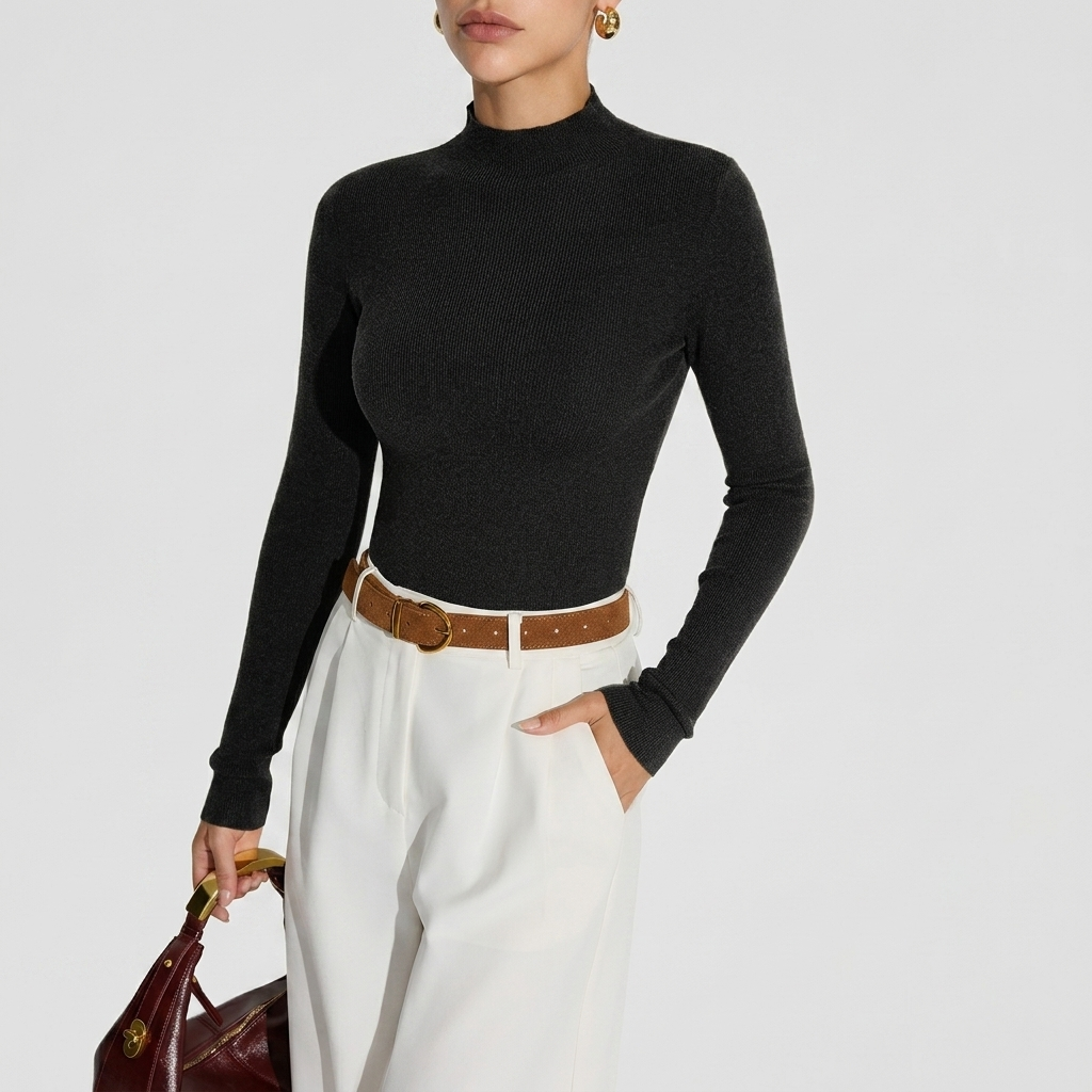 Haut Femme Col Montant Maille Coupe Ajustée Manches Longues Élégant