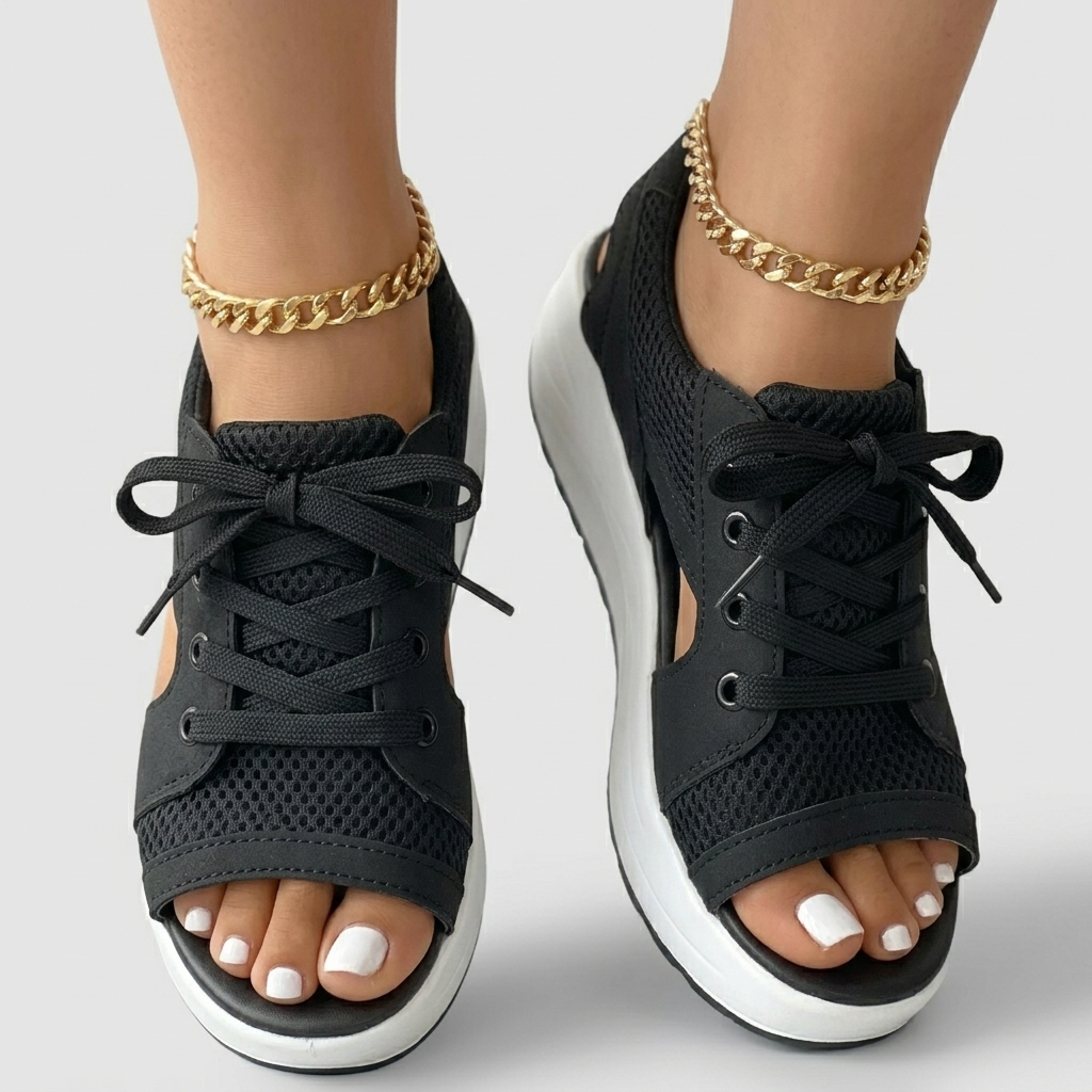 Sandales Femme Orthopédiques Compensées à Lacets Design Aéré Confort