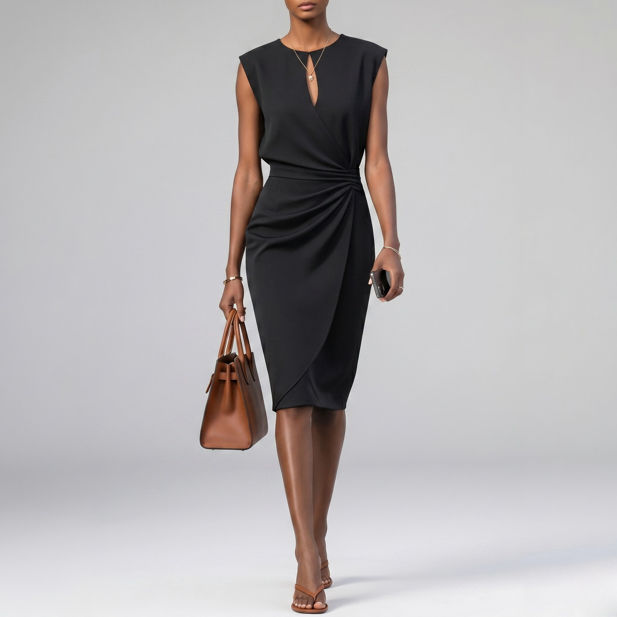 Robe Midi Femme Col Découpé Élégante Robe Moulante Froncée