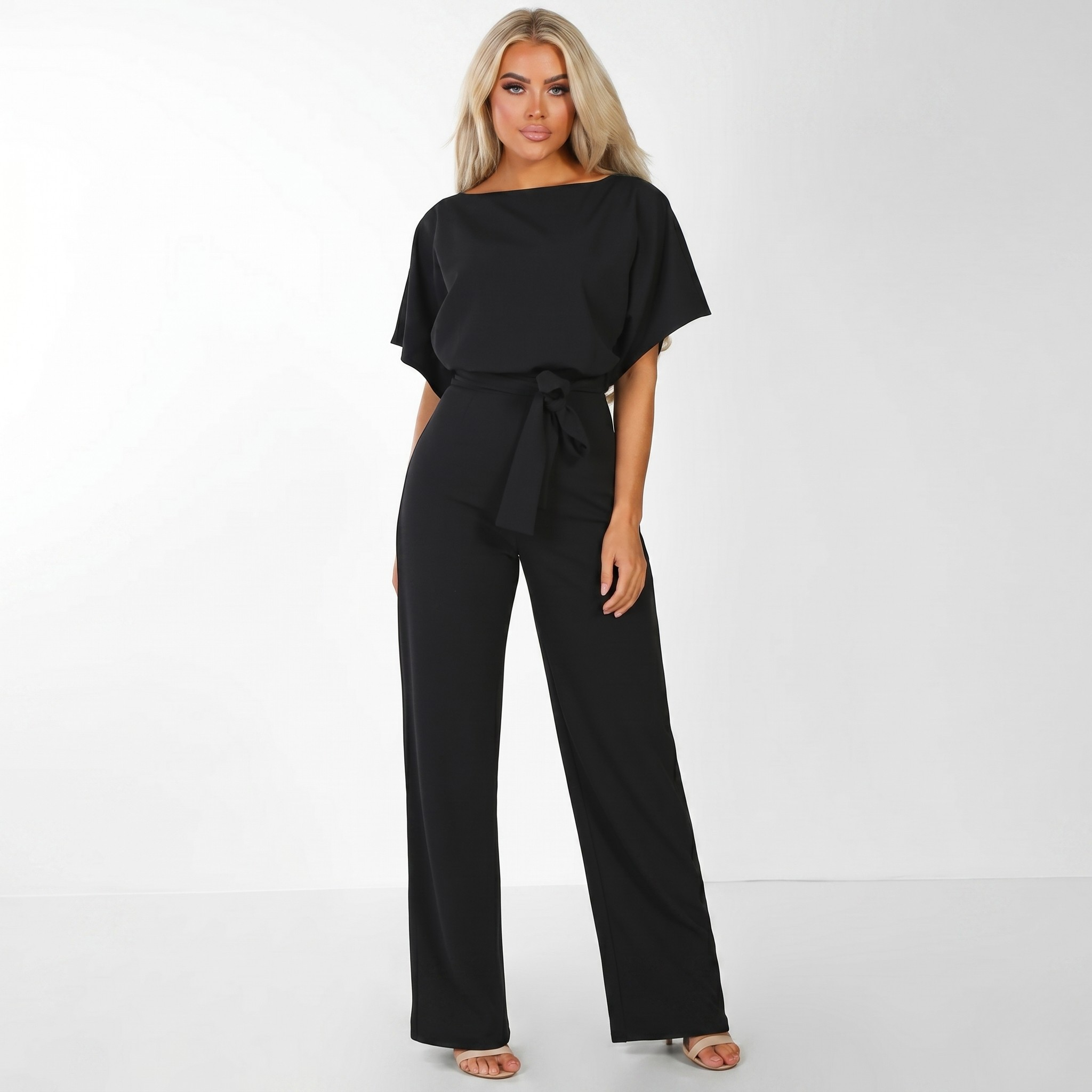 Combinaison Femme Manches Courtes Décontractée Coupe Large Ceinture Élégante