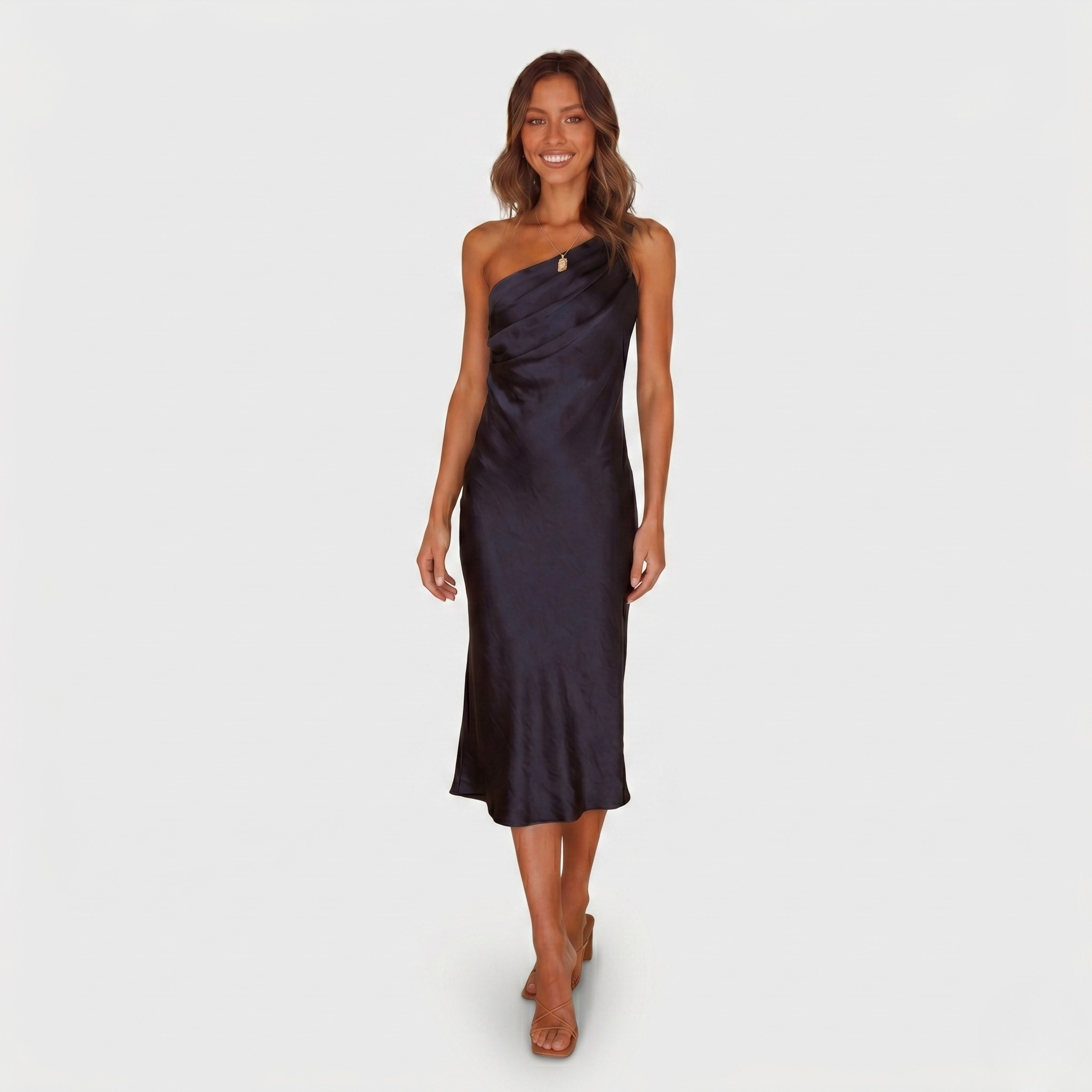 Robe Midi Asymétrique Femme Élégante avec Drapé pour Soirée