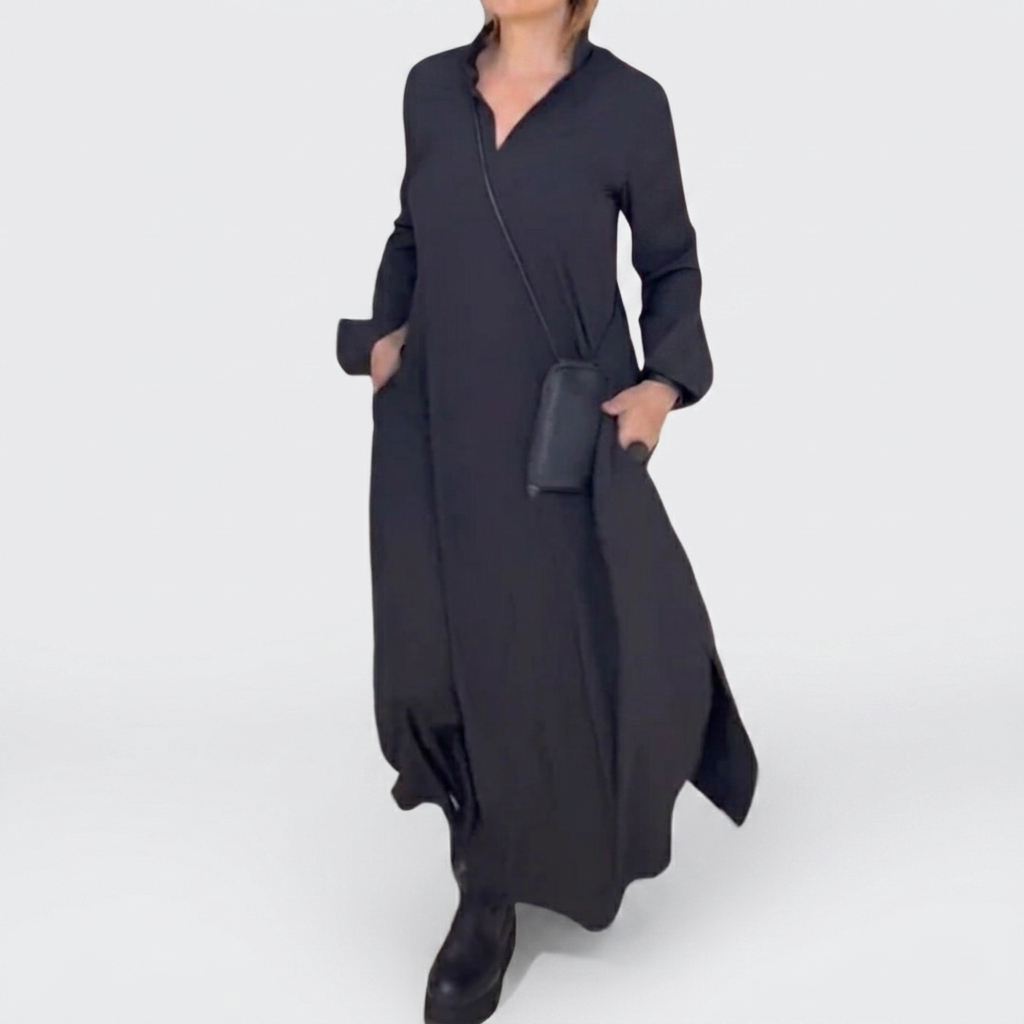 Robe Maxi Femme Fluide Robe Élégante Manches Longues Fente Latérale