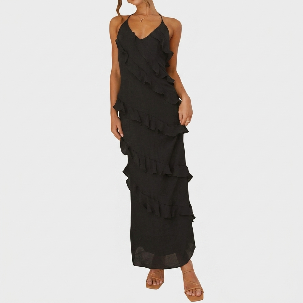 Robe Maxi Femme à Volants Robe Fluide Élégante Sans Manches