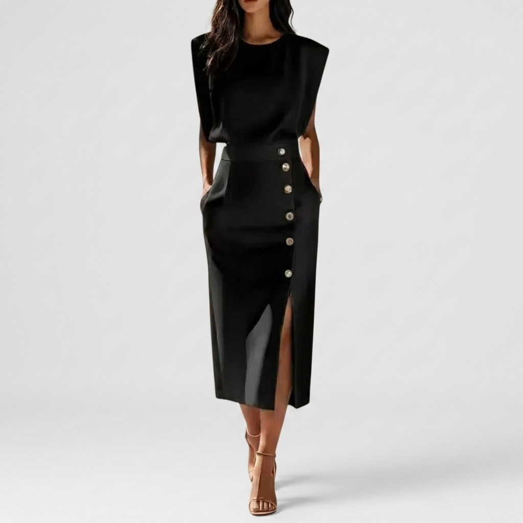Robe Midi Femme Élégante avec Boutons Latéraux et Fente