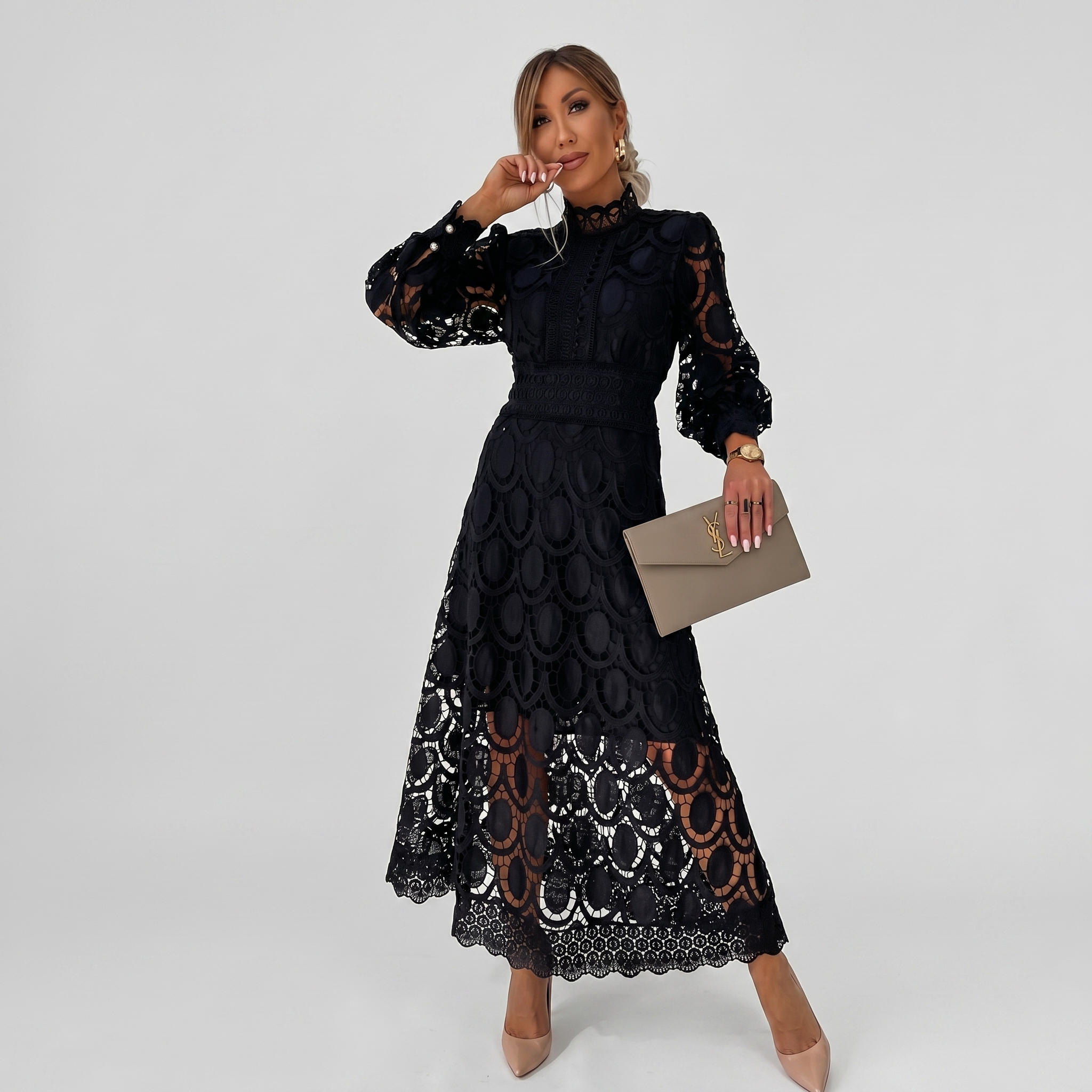 Robe Midi Femme Dentelle Robe Élégante Manches Longues Habillée