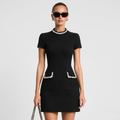 Robe Mini Femme Élégante Bordure Perles Manches Courtes Détail Poches