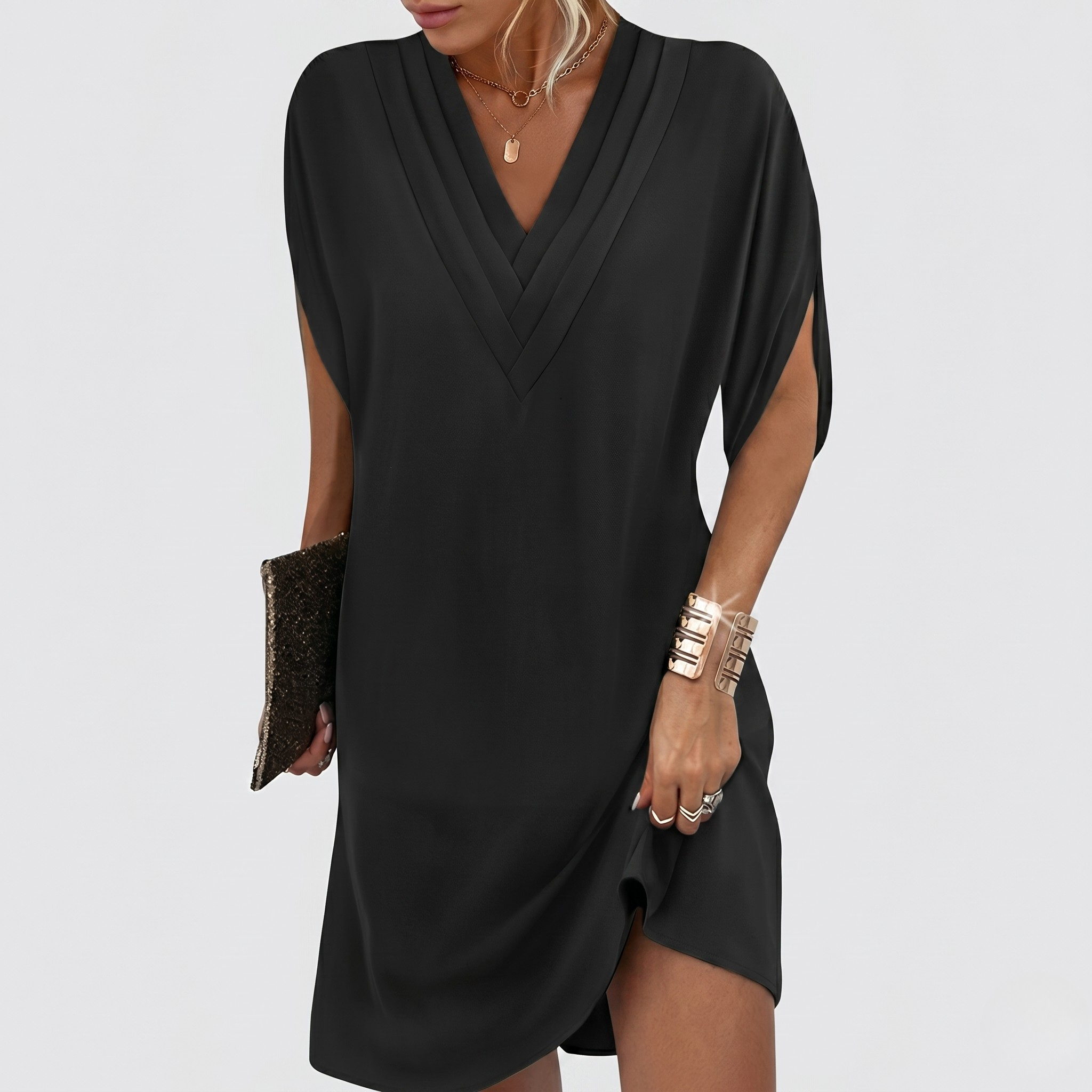 Robe Élégante Unie Femme Robe Col V avec Manches Fendues Style Cache-Cœur