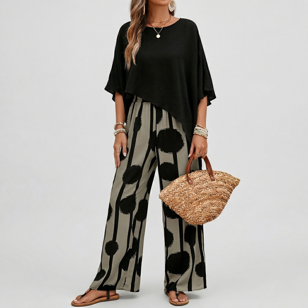 Ensemble Femme Deux Pièces Top Asymétrique Pantalon Large Chic Décontracté