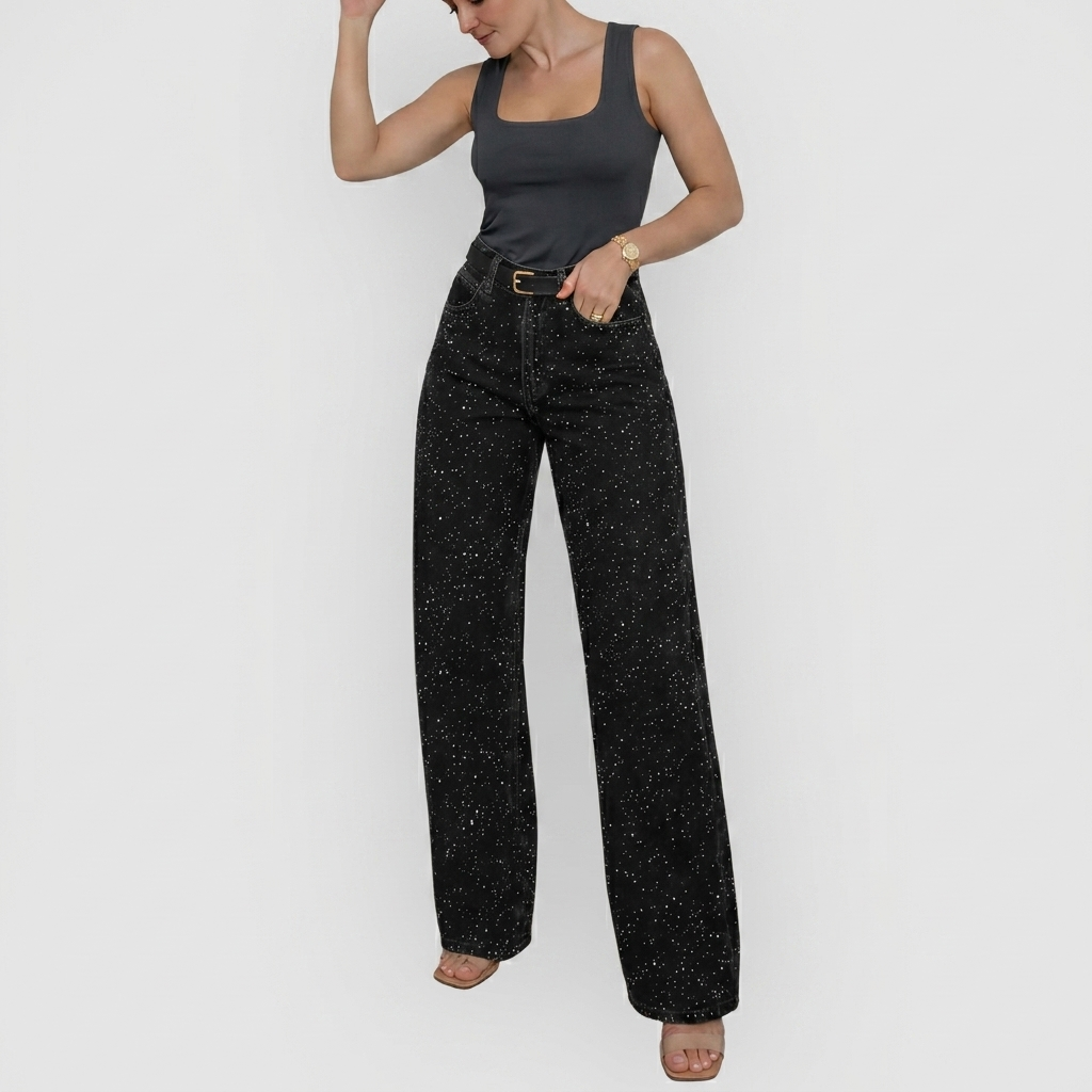 Jean Femme Taille Haute Coupe Droite Pantalon Denim Scintillant